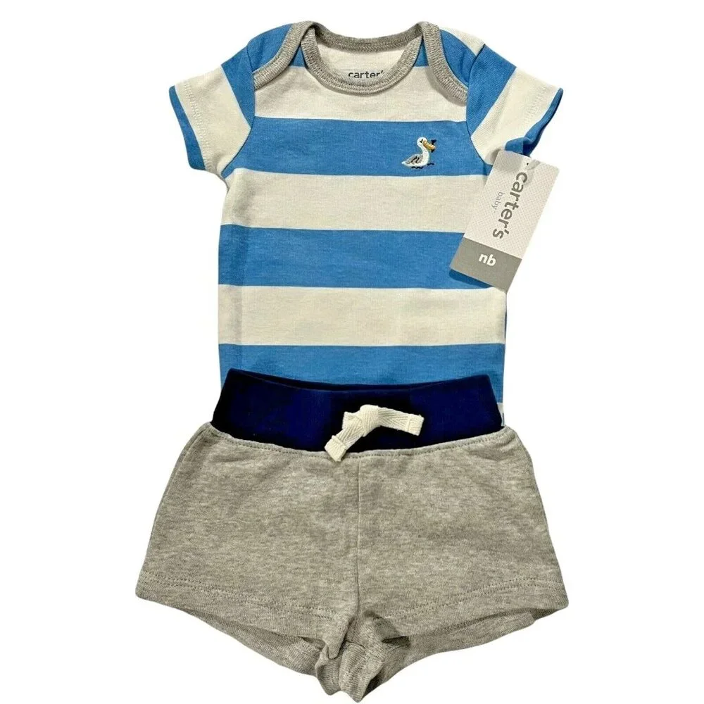 Carter's Newborn Baby Boys 2pc Bodysuit &‎ Shorts Outfit Set Blue-Gray-White